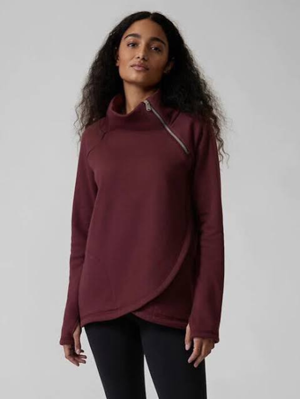 Athleta Cozy Karma Asym
Pullover in a deep plum/burgundy colorway.
